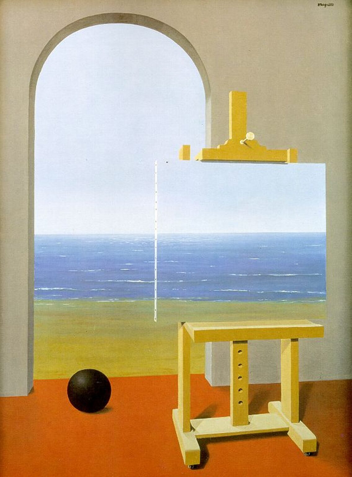 马格利特画作中，窗外景色被画布与室内物件遮挡
